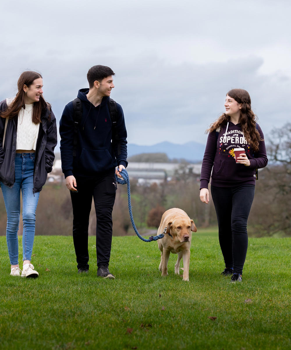 Three Students Walking Therapy dog Ralph